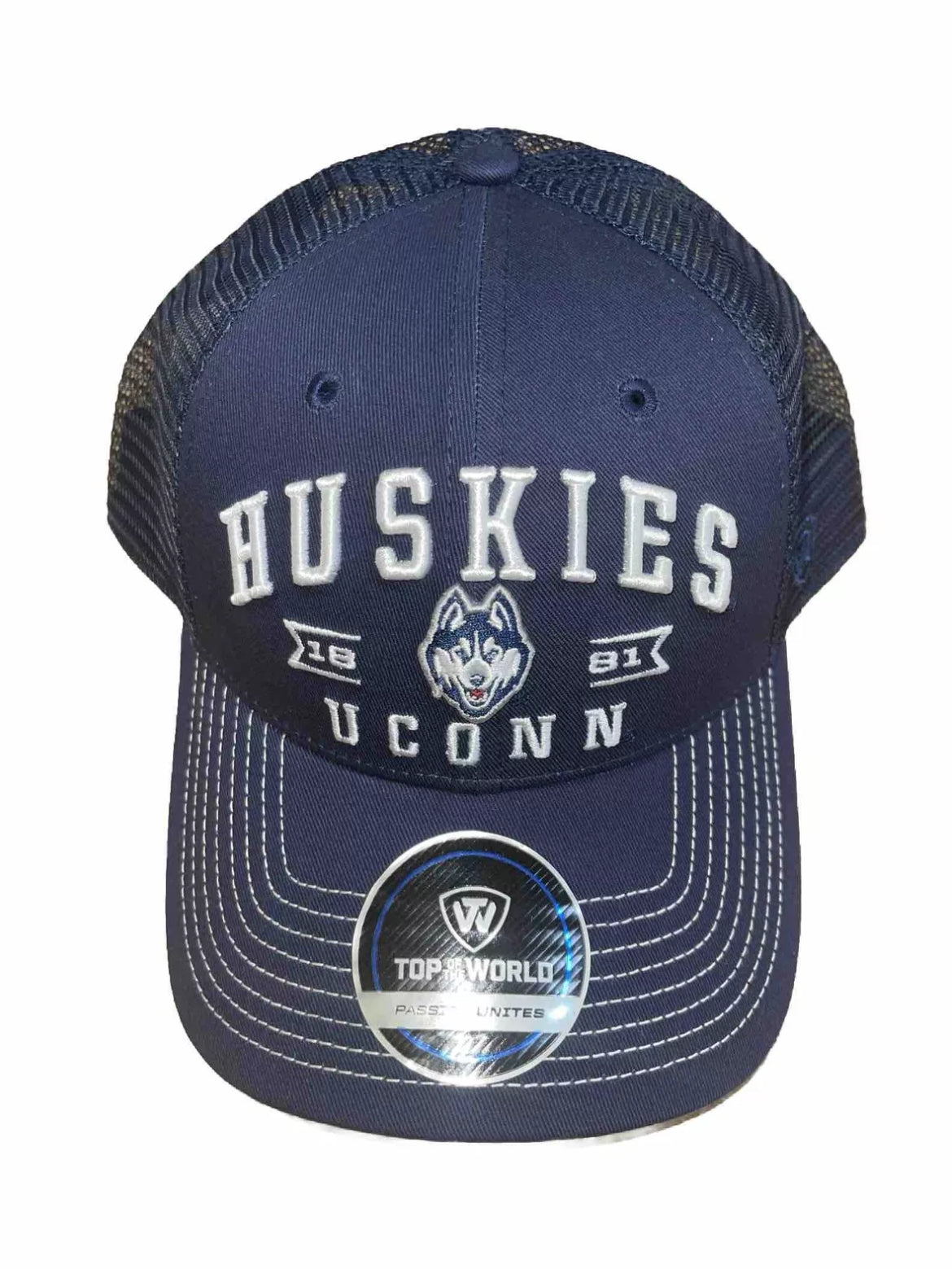 Connecticut Huskies Top Of The World Navy Carson Trucker Snapback Hat