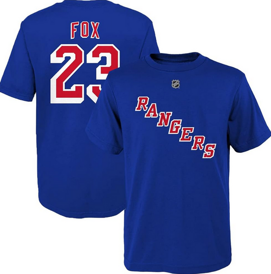 Youth New York Rangers Adam Fox Blue Name & Number Player Jersey T-Shirt