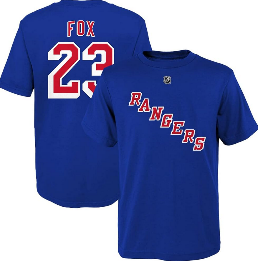 Youth New York Rangers Adam Fox Blue Name & Number Player Jersey T-Shirt