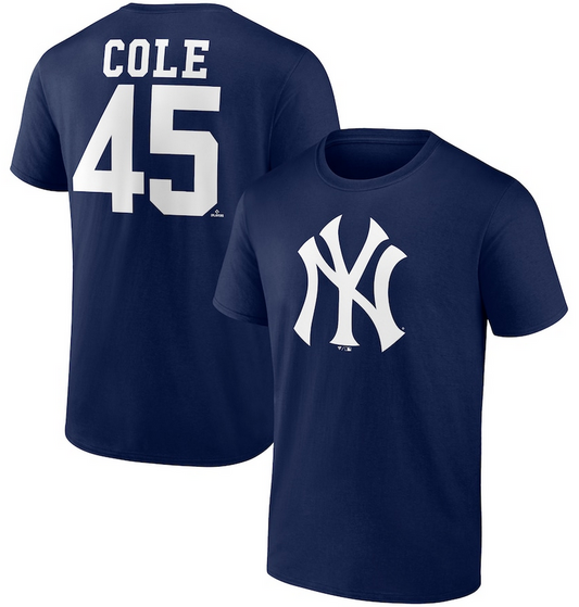 New York Yankees Garrit Cole Fanatics Navy Blue Name And Number Jersey T-Shirt
